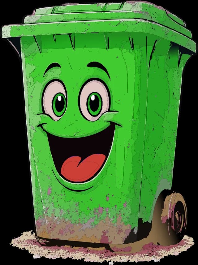 Illustration of a green trash bin caked with residue